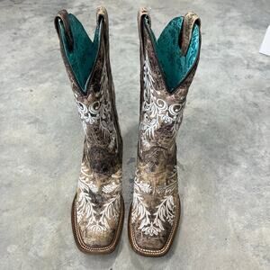 Corral A4063 Distressed Brown Leather Embroidery Square Toe Boots 7.5M